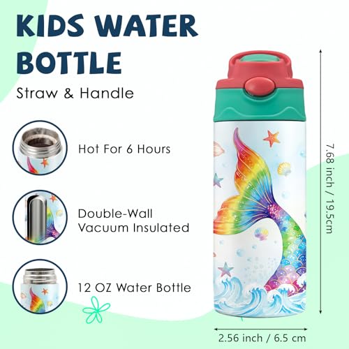 Mermaid 12 oz Water Bottle with Straw – Kids Stainless Steel Vacuum Insulated Cup, Leakproof Pop-Up Spout, Reusable Travel Mug for Boys and Girls Outdoor Sports - color: Mermaid1