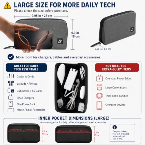 simtoper Electronic Organizer Travel Case – Waterproof Cable Bag for Cord, Charger, Hard Disk, Power Bank – Small Tech Storage for Travel, Backpack, Business Trip, Airplane - color: Grey, size: Large