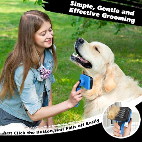 Professional 3PCS Self Cleaning Slicker Brush & Pet Grooming Rake & Flea Comb for Dogs,Cats and Horses | Double-Sided Dematting Comb & Skin Friendly Deshedding Grooming Tool | Pet Supplies (Blue) - color: Blue