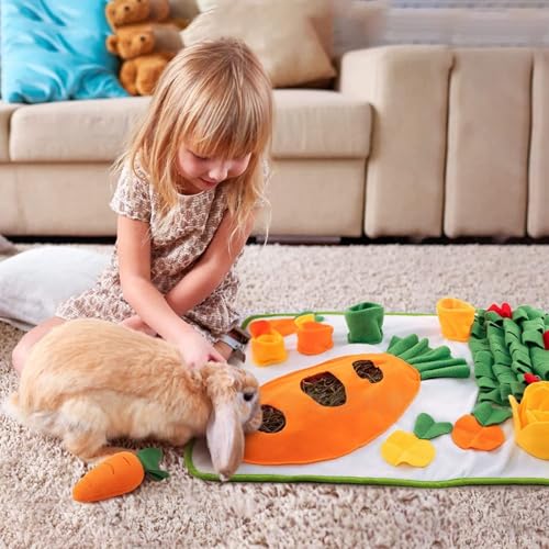 Rabbit Foraging Mat - Bunny Hay Feeder Snuffle Mat for Small Animals, Interactive Enrichment Toys for Rabbits, Guinea Pigs, Chinchillas, Hamsters, Ferrets – Treat Dispenser, Washable, Anti-Slip