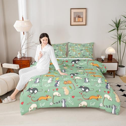 Erosebridal Kids Rat Comforter Set, Mouse Rodents Bedding Set Twin Size, Funny Animal Love Heart Duvet Sets for Boys Girls Children Bedroom, Cartoon Style Duvet Insert Decorative Room, Green - color: Multi 34, size: Twin