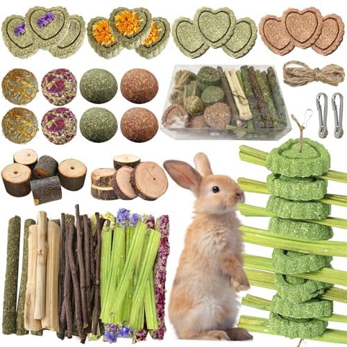 68pcs DIY Rabbit Chew Toys,Rabbit Toy for Bunnies Boredom | Hanging Rodent Dental Toy with Papaya Stems Sweet Bamboo Hamsters, Chinchillas, Guinea Pigs
