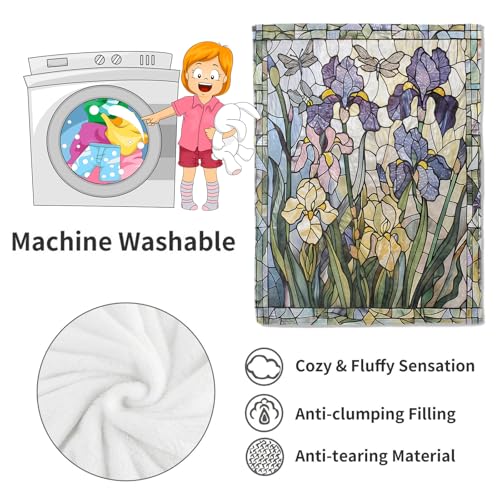 Stained Glass Irises Floral Blanket Butterfly & Dragonfly Throw Blankets,Gifts for Kids Woman Adult,Lightweight Soft Fleece, for Sofa Couch Bed Room Modern Artistic Decor 50x60in - color: Stained Glass, size: 50x60in