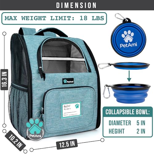 PetAmi Dog Backpack Carrier Airline Approved Cat Pet Puppy Bag, Turquoise | Ideal for Small Medium Large Pet up to 18 lb, 2 Side Entry Structured No-Collapse Frame, Ventilated Bookbag for Hiking Travel - color: Sea Blue