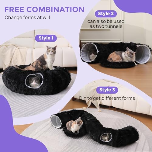Cat Tunnel with Bed – Soft Plush Peekaboo Donut Cave for Indoor Cats | Under Christmas Tree Hideaway & Multifunctional Playground Toy for Kittens, Rabbits, Ferrets (Long-Pile Fabric Black) - color: Long-pile fabric Black