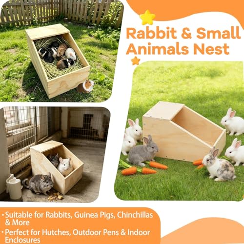 Wooden Rabbit Nesting Box, 16x11x11 inches Solid Wood Small Animal Hideout | Easy Assemble Breeding Maternity Shelter Burrow Den for Rabbits, Guinea Pigs, Chinchillas, Cats&Chickens or Other Small Pets