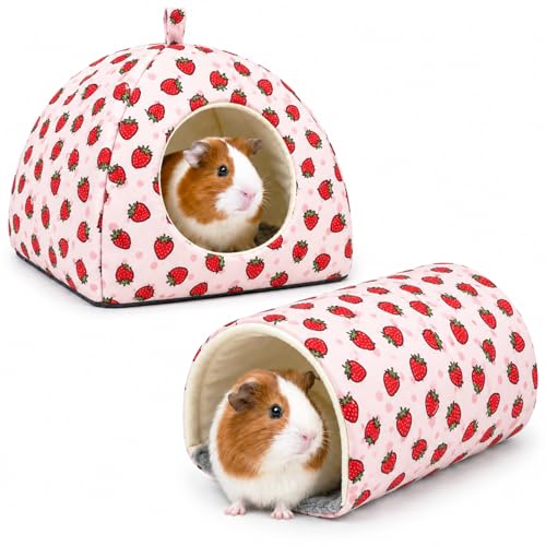 Guinea Pig Hideout Tunnel Set, 2 Pack Washable Small Animal Bed with Removable Cushion, Hamster Hideout Play Tunnel Toys for Guinea Pigs, Hamsters, Hedgehogs, Ferrets, Pink Strawberry - color: Pink Strawberry, size: Large(9.4"L x 9.4"W x 7.9"H)