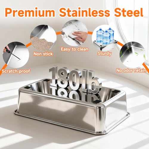 Stainless Steel High-Sided Cat Litter Box with Scoop - Medium | Open top litter pan for indoor cats. Easy to clean design significantly reduces litter scatter.
