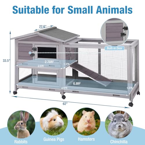 Rabbit Hutch Indoor, 62’’ Bunny Hutch Outdoor, Mobile Rabbit House with Wheels, Wooden Bunny Cage with Leakproof Tray, Chew-Proof Ramp for Guinea Pig(Grey)