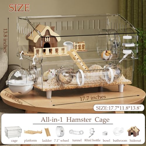 All in 1 Hamster Cage with Tunnel and 7 Accessories,Clear Acrylic Small Animal Habitat for Drawf Hamster,Gerbil,Hedgehog(17.7"*11.8"*13.4")