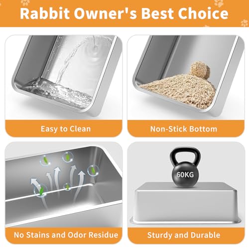 XXXL Rabbit Litter Box, 23.6" L x 15.7" W x 12.4" H Stainless Steel Rabbit Litter Box with Lid, Hay Feeder with Hooks, Footed Metal Grid, Easy to Clean for Medium and Large Rabbits