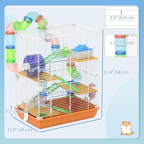 PawHut 18" 5 Tier Hamster Cage with Tubes and Tunnels, Small Animal Cage with Portable Carry Handle, Gerbil Cage with Water Bottle, Food Dish, Exercise Wheel, Orange | Small Animal Cage, Portable Carry Handle, Water Bottle, Food Dish, Exercise Wheel - col