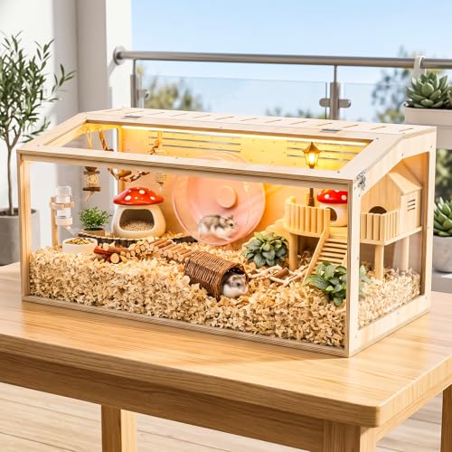 XiaZ Large Hamster Cage,40Inch Hamster Cage with Panoramic View and Ventilated Top, Spacious Acrylic Glass Habitat for Syrian Dwarf Hamsters and Degus, Natural Wood Frame Enclosure - size: 40.0"L x 20.0"W x 20.0"H
