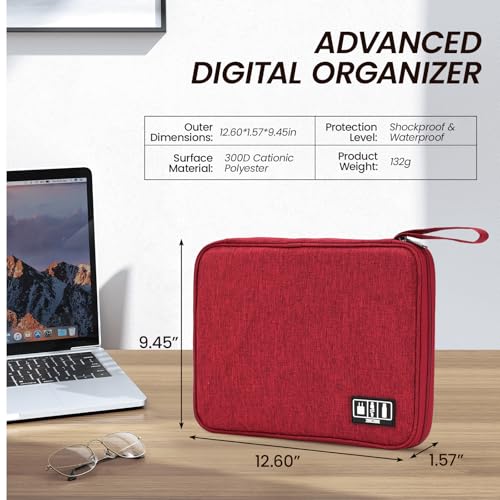 Cable Organizer Bag, Electronics Organizer Case for Tech Accessories | Store chargers, cables, power banks and adapters with elastic loops, mesh pockets and organized compartments for travel. - color: red, size: L