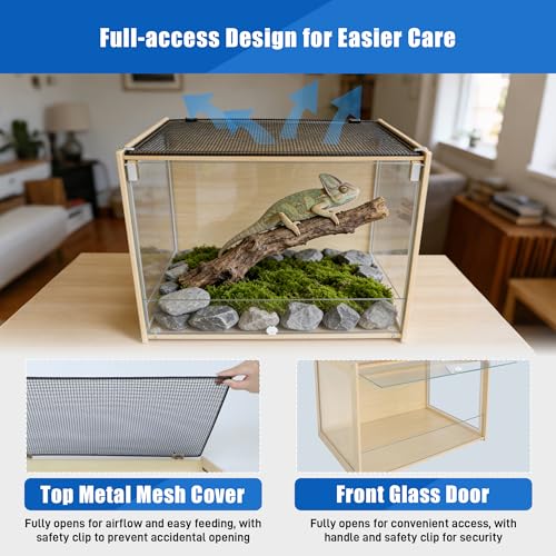 Reptile Terrarium Enclosure 30Gallon Bearded Dragon Tank, 24*16*16inch Tempered Glass Front Opening Reptile Snake Tank Enclosure Cages with Wood Frame & Metal Mesh Top for Hamster Gecko Lizard Turtles