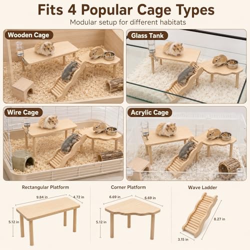 3-Piece Hamster Wood Platform Set with Wave Climbing Ladder, Natural Cage Accessories with Food & Water Stations, Climbing Enrichment for Dwarf, Syrian Hamsters, Mice & Gerbils