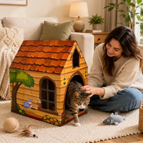 Cinrobiye Cardboard Cat House with Scratcher, Indoor Cat Condo Cat Cave Hideout with Scratch Pad, Cardboard Cat Playhouse Bed for Cats, Kittens, Rabbits & Small Pets (Brown2) - color: Brown2