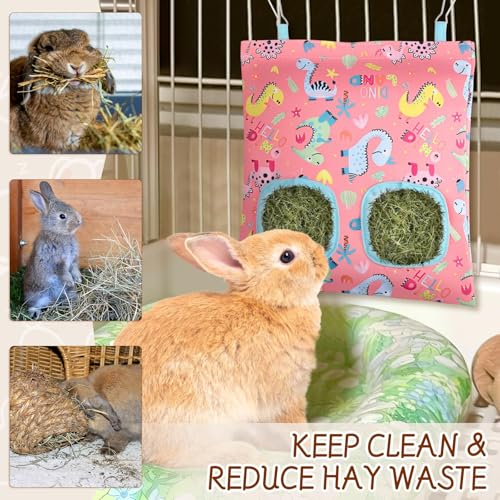 UPINS 3Pack Guinea Pig Hay Feeder Bag,Bunny Rabbit Cage Bag Hanging Holder | Guinea Pig Cage Feeder,for Bunny Rabbits,Chinchillas,Hamsters,Small Pets,and Animals - color: Pink Blue Gray