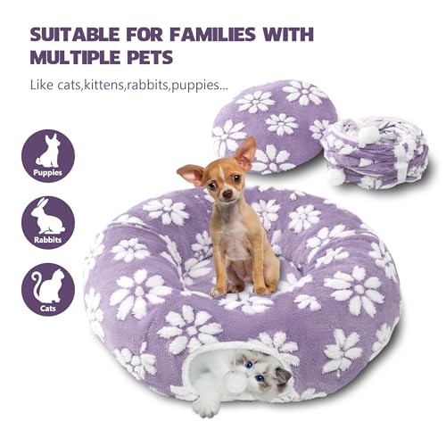 Cute Round Cat Tunnel for Indoor Cats, Purple | Peekaboo Cat Cave with Dangling Balls, Pet Donut Tunnel Bed with Circle Mat for Puppy Kitten Rabbit - color: Purple Flower, size: Round