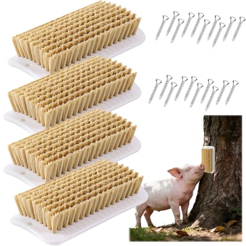 4 Pcs Pet Enrichment Toy, Pet Grooming Brush & Scratch Toy 2-in-1 for Mini Pig,Cats, Dogs - Includes Mounting Screws for Easy Install