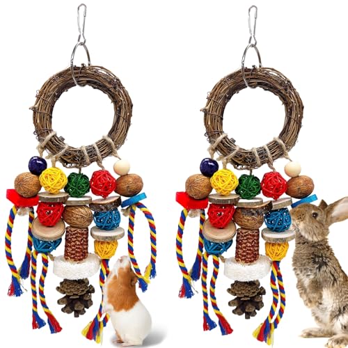 Bunny Chew Treats Toy for Teeth, 2PCS Rabbit Cage Hanging Chew Toys and Rattan Ring with Snack,Natural Material Chinchilla Treats Toys for Guinea Pig Gerbils Hamster Rat Teeth Grinding - color: 2PCS Classic