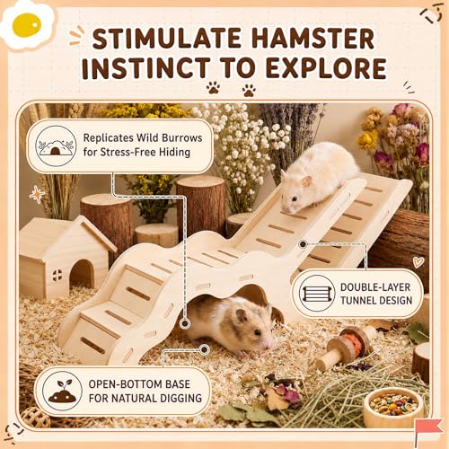 BreezeHug 4 Pcs Hamster Cage Accessories Hamster Platform Hideout Wooden Tunnel Ladder Playhouse Game Climbing Toy with Platform for Pets Dwarf Syrian Mice Degus Gerbils Squirrel(L-Shaped) - style: L-shaped