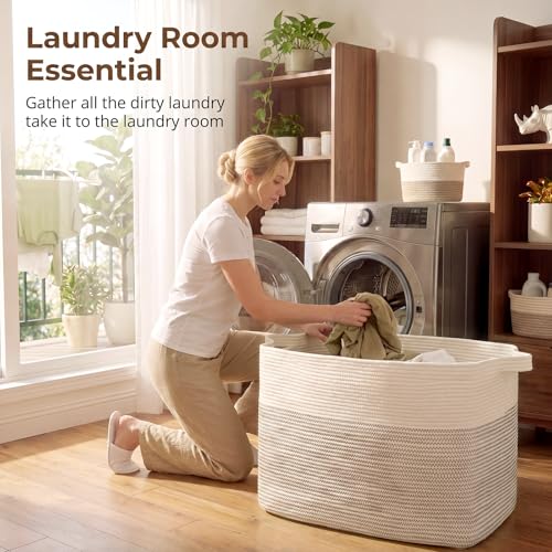OIASKET 108L Cotton Rope Storage Basket for Living Room and Bedroom 25"x16"x16" Woven Laundry Basket, Heavy Duty Bin for Blankets, Pillows & Toys, Pet-Safe & Scratch-Free, Black and White - color: Black & White