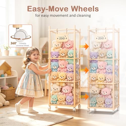 Stuffed Animal Storage, Stuffed Animals Organizer Holder Zoo, 53.54" Large Wooden Plushies Storage with Wheels, Stuffed Animal Cage for Playrooms, Bedrooms, Living Room