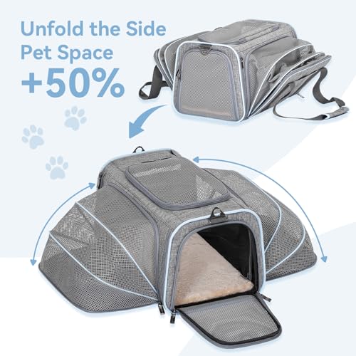 Petsfit Small Double Expandable Cat Carrier for Kittens and Air Travel | 16 x 10 x 9 in; sized for Alaska Airlines, with locking zippers, an interior safety tether and multi-side ventilation. - color: Light Grey, size: 16.0"L x 10.0"W x 9.0"H