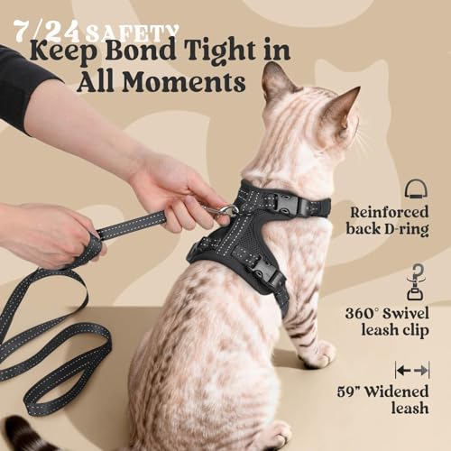 rabbitgoo Cat Harness and Leash, Easy-on with Neck Buckle, Black | Escape Proof, No Over-the-head, Soft Air Mesh, 3 Lockable Adjusters & Buckles, Reflective, for Small to Average Cats Walks, S - color: Black, size: S