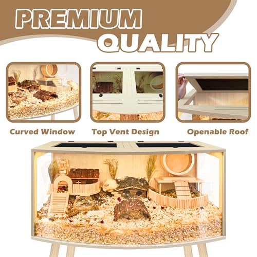 Prolee Hamster Cage with Curved Design,Chew Proof Wooden Hamsters Enclosure with Leg Stand and Openable Top or Gerbils,Hamster Habitat - size: 40.0"L x 20.0"W x 20.0"H