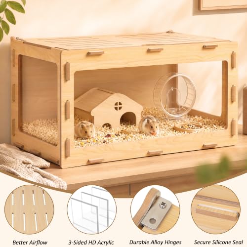 32" Hamster Cage with 3-Sided Clear Acrylic Panels | Interlocking Small Animal Habitat with Top Access & Ventilation for Syrian & Dwarf Hamsters, Gerbils and Mice - color: Natural Wood, size: 32.0"L x 16.1"W x 16.0"H