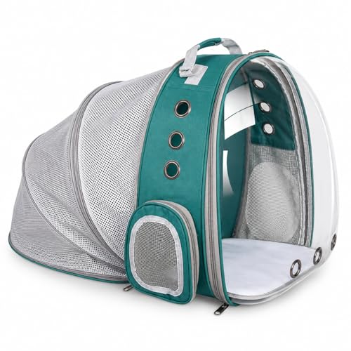 Expandable Cat Carrier Backpack with Bubble Window, Green | Breathable mesh, anti-collapse frame, side door, safety leash and escape-resistant zippers for vet visits and outdoor travel. - color: Green
