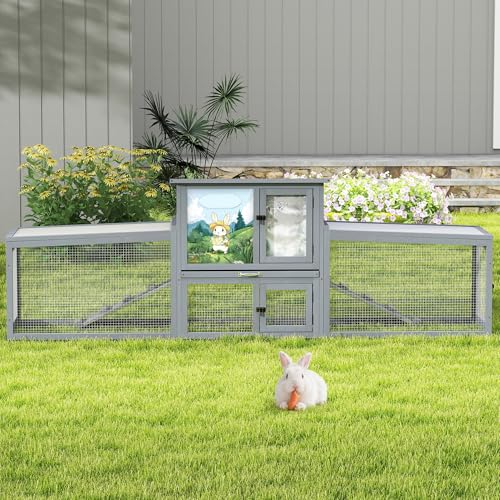 COZIWOW Large Wooden Rabbit Hutch Outdoor Indoor Bunny Cage, 2-Level Small Animal House Enclosure with All-Covered Sloped Roof (Grey with Warm) - color: Grey