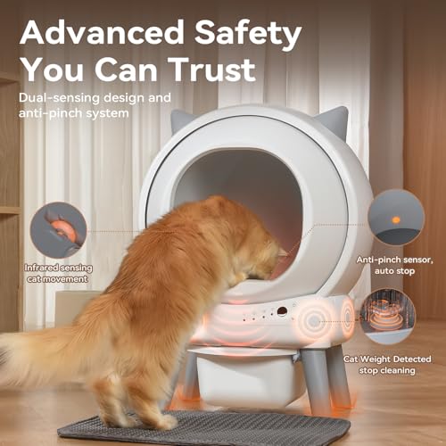 Automatic Litter Box, Self Cleaning Cat Litter Box for Multiple Cats with App Control,Quiet Control, Smart Litter Box for Cats, with 2 Roll Trash Bag and Litter Mat - color: Grey White