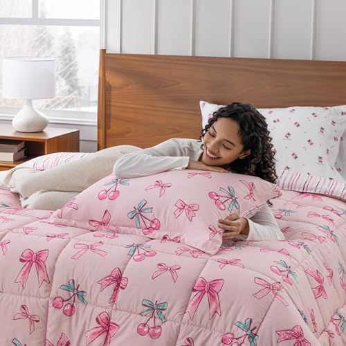 Berkshire LIG Printed Reversible Microfiber Comforter Set–5-Piece, Ultra Soft All-Season Bedding, Wrinkle & Fade Resistant, Twin, Cherry Bows Blush - color: Cherry Bows Blush, size: Twin