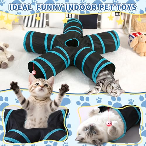 Pet Cat Tunnel, 5 Way Tunnels for Indoor Cats, Collapsible Pet Tunnel for Kitten, Puppy, Rabbit, 25cm-Wide Tunnels, Durable & Breathable, with Peek Hole Toy Ball - color: 5-way & Black/Blue