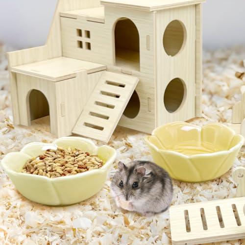 BNOSDM Shallow Ceramic Hamster Food Dish 2 Pcs Small Animals Food Bowl Sunflower Feeding Dishes for Gerbils Mice Rats 4.5in (Dark Green) - color: Yellow