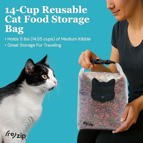 (re)zip Reusable Cat Pet Food Storage Bag | 14-Cup Capacity | Airtight Roll-Top Closure | Durable, BPA-Free PEVA | Translucent & Travel-Friendly | Keeps Kibble Fresh & Organized | Machine Washable - color: Cat Black, size: 14 Cup