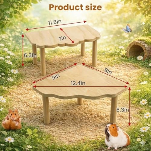 Hamster Platform 2 Pack - Wooden Cage Accessories for Dwarf Syrian Hamsters, Gerbils, Mice, Degus - Extra Large Wood Play Stand, Easy Install