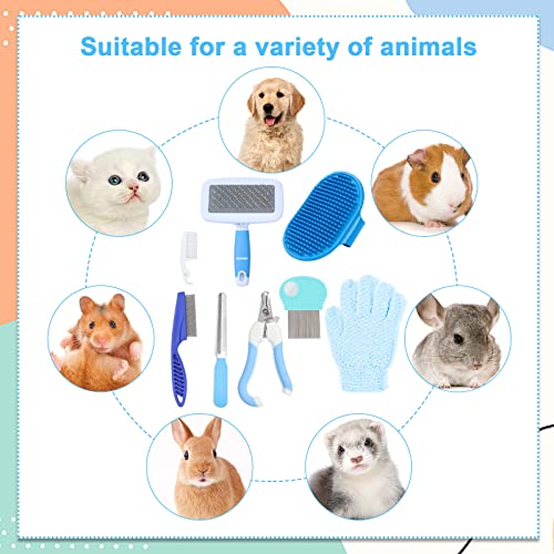 VCZONE Small Animal Grooming Set: Pet Nail Clipper & File, Flea Comb, Shampoo Brush, Shedding Slicker Brush, Massage Glove, Cleaning Comb (Blue) - color: Blue