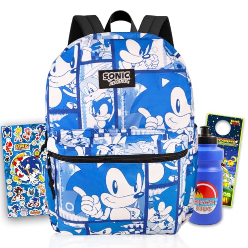 Sonic the Hedgehog Backpack for Boys School Bundle w/ 16" Bookbag + More | Large Durable Sonic School Bag w/ Front Zip Pocket Plus Water Bottle, Stickers, More - Sonic the Hedgehog School Supplies