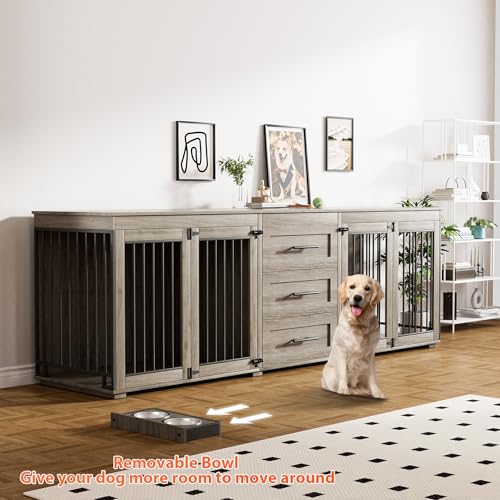 Rophefx 94.5" Dog Crate Furniture for 2 Dogs, Wooden Kennel TV Stand,Grey | Indoor double dog house with 3 storage drawers, 4 feeding bowls, lockable doors, and a wide top for large and medium dogs - color: Grey