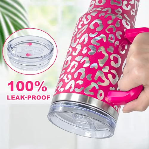 40 oz Tumbler with Handle and Straw, 100% Leak-Proof Travel Mug, Stainless Steel Double Wall Vacuum Insulated Coffee Cup Keeps Cold For 34 Hours, Dishwasher Safe, Hot Pink Leopard - color: Hot Pink Leopard