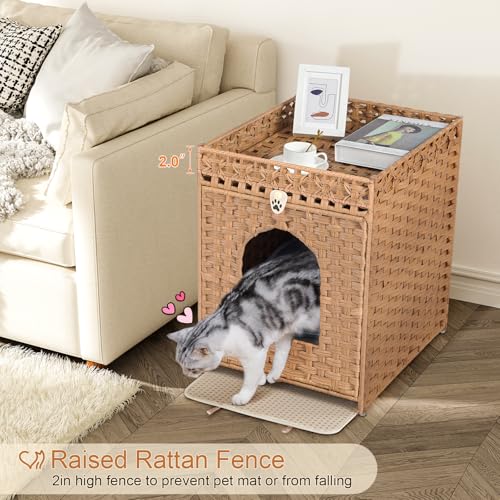 Snughome Cat Litter Box Enclosure Furniture Hidden with Litter Mat, Hidden Washroom Furniture with Door, Handwoven Rattan Cat Washroom Box, Indoor Pet House for Living Room, Bedroom(Natural) - color: Natural