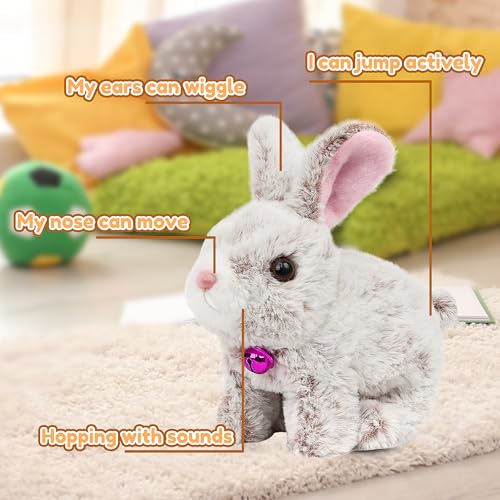 Easfan Talking Bunny Jumping Interactive Plush Toy Gift for Toddlers | Hopping spotted, Moving ears & nose,singing shaking glowing, electric pets,gift for kids - style: Bunny_Grey