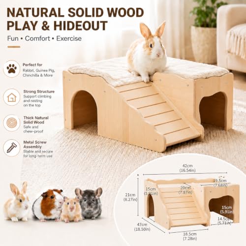 Large Bunny Hideout Wooden Bunny House with Ramp Rabbit Castle(Slide Style) | solid wood guinea pig hideout chinchilla house with detachable panels,rabbit hide with ramp hideaways and climbing areas - style: Slide style