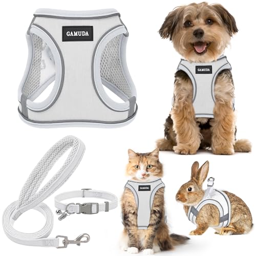 GAMUDA Small Pet Harness Collar and Leash Set, Step in No Chock No Pull Linen Fabric Soft Mesh Dog Vest Harnesses Reflective for Dogs Puppy Cats Kitten Rabbit (White, XXS) - color: White, size: XXS
