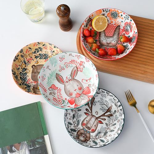 TANG SONG 8" Ceramic Animal Pasta Soup Serving Bowls (Set of 4) | Colorful Porcelain Plates for Kitchen, Dishwasher & Microwave Safe, Perfect for Daily Dining, Family Gatherings & Gifts