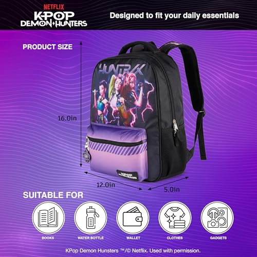 AI ACCESSORY INNOVATIONS K-Pop Demon Hunters Huntrix 16” Backpack for Girls, Featuring Rumi, Zoey, Mira, Rubber Molded Bag Charm, Huntrix - style: Huntrix